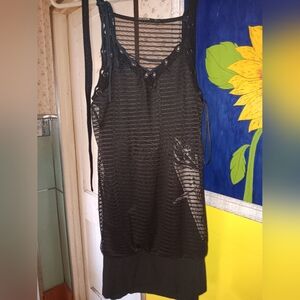 Salvage NWOT Black Mesh Overlay Graphic Print Dress. L
